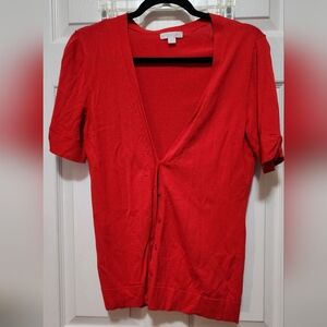 New York & Company Vibrant Red Short Sleeve Button Up Knitwear